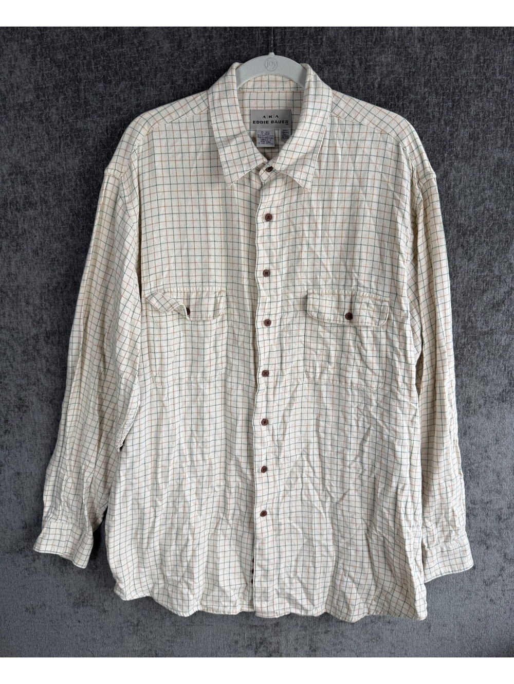 Vintage AKA Eddie Bauer Mens XL Tall Grid Plaid Flannel Shirt Cream Green 90s